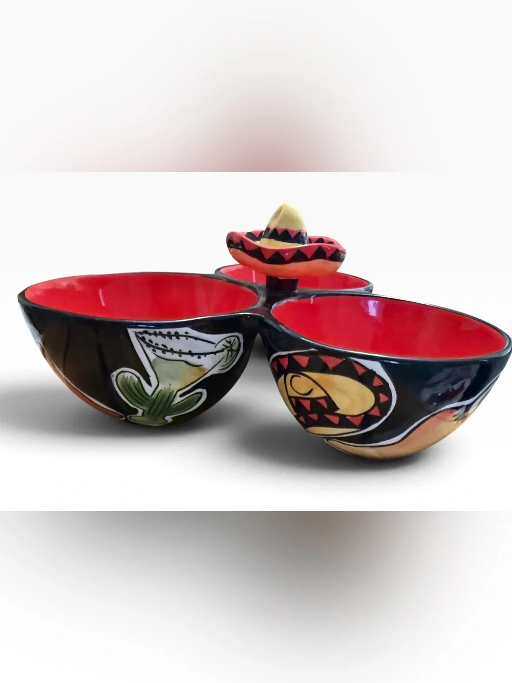 Clay Art Salsa Triple Condiment Bowl Sombrero